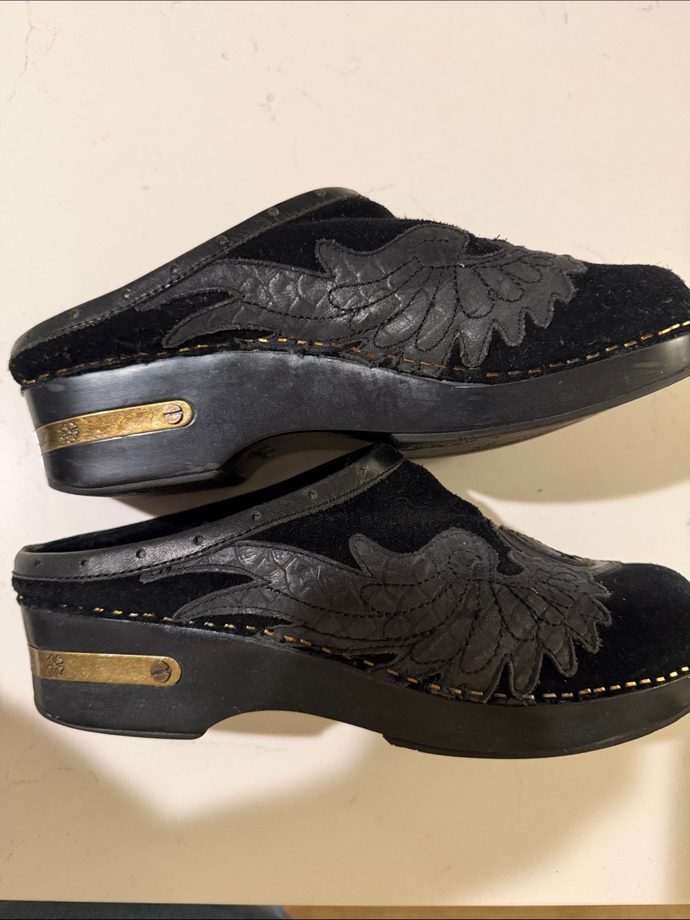 Lucky Brand Black Suede Slip-On Clogs with Heart Peace Motif